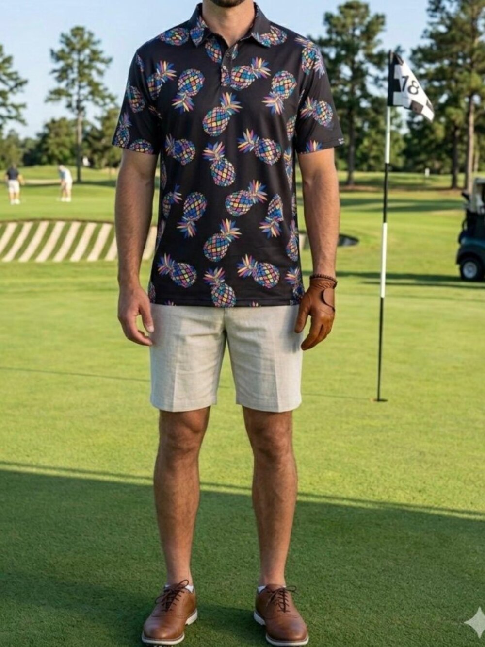 Proud 90 Golf Black Rainbow Pineapple Geometric Print Polo Shirt – Men’s XL